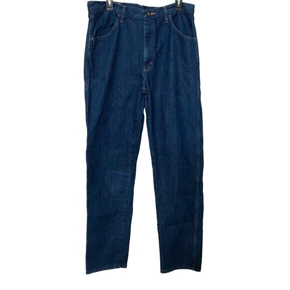 RUSTLER BOOT CUT JEANS, MENS, 36W 34L, DENIM BLUE, FULL LENGTH 46.5, GENTLY WORN - Picture 1 of 11